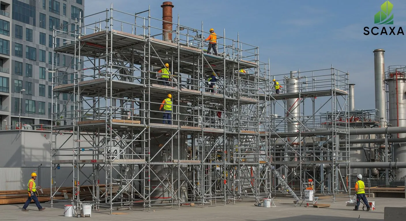 Construction workers on scaffolding system at industrial site, showcasing SCAXA's scaffolding solutions for painting projects, emphasizing safety and efficiency.