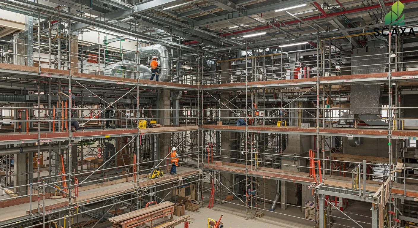 Scaffolding structure in a construction site for MEP projects, featuring workers in safety gear and various tools, highlighting Scaxa's scaffolding solutions for safe access during installation and maintenance.