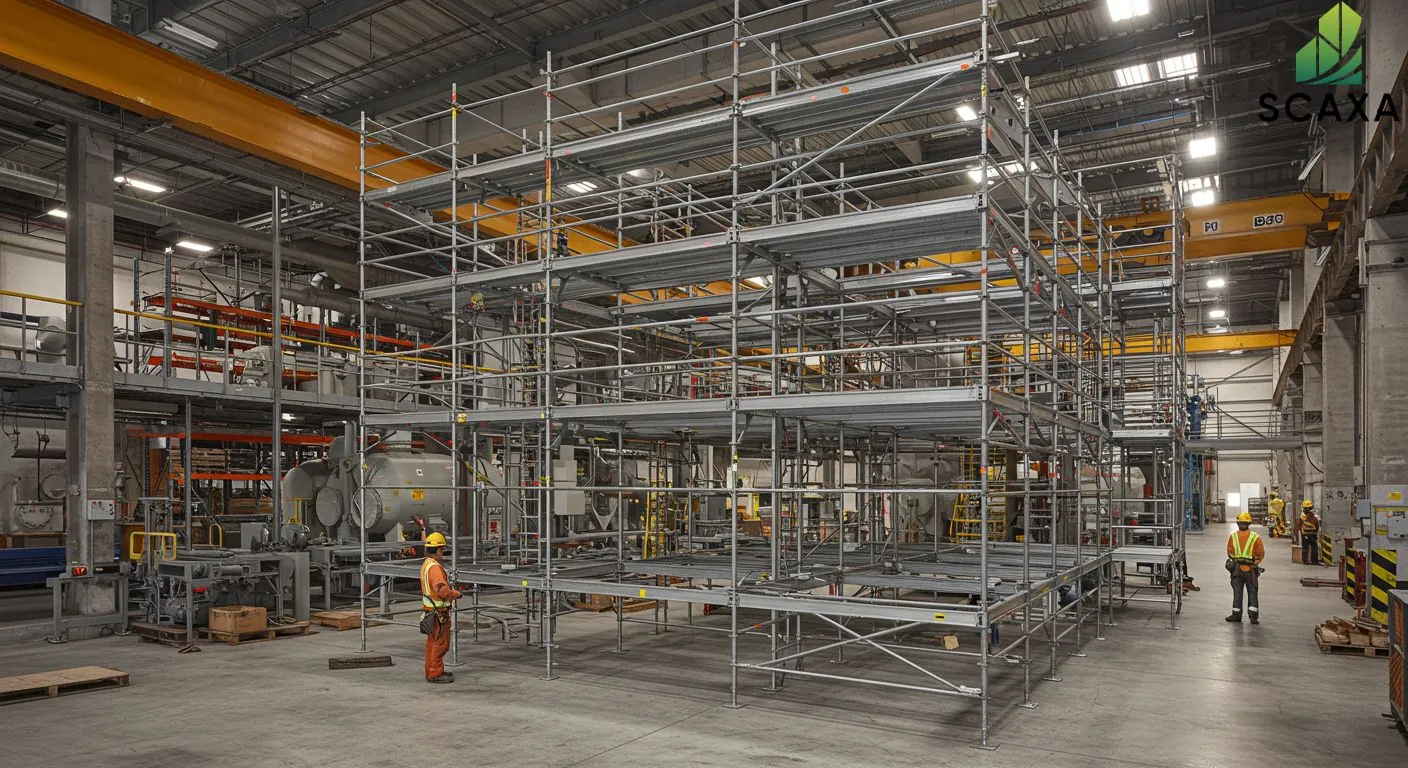 Industrial scaffolding installation in a warehouse, featuring multiple levels of metal scaffolding, workers in safety gear, and a spacious industrial environment, emphasizing Scaxa's scaffolding solutions for maintenance projects.
