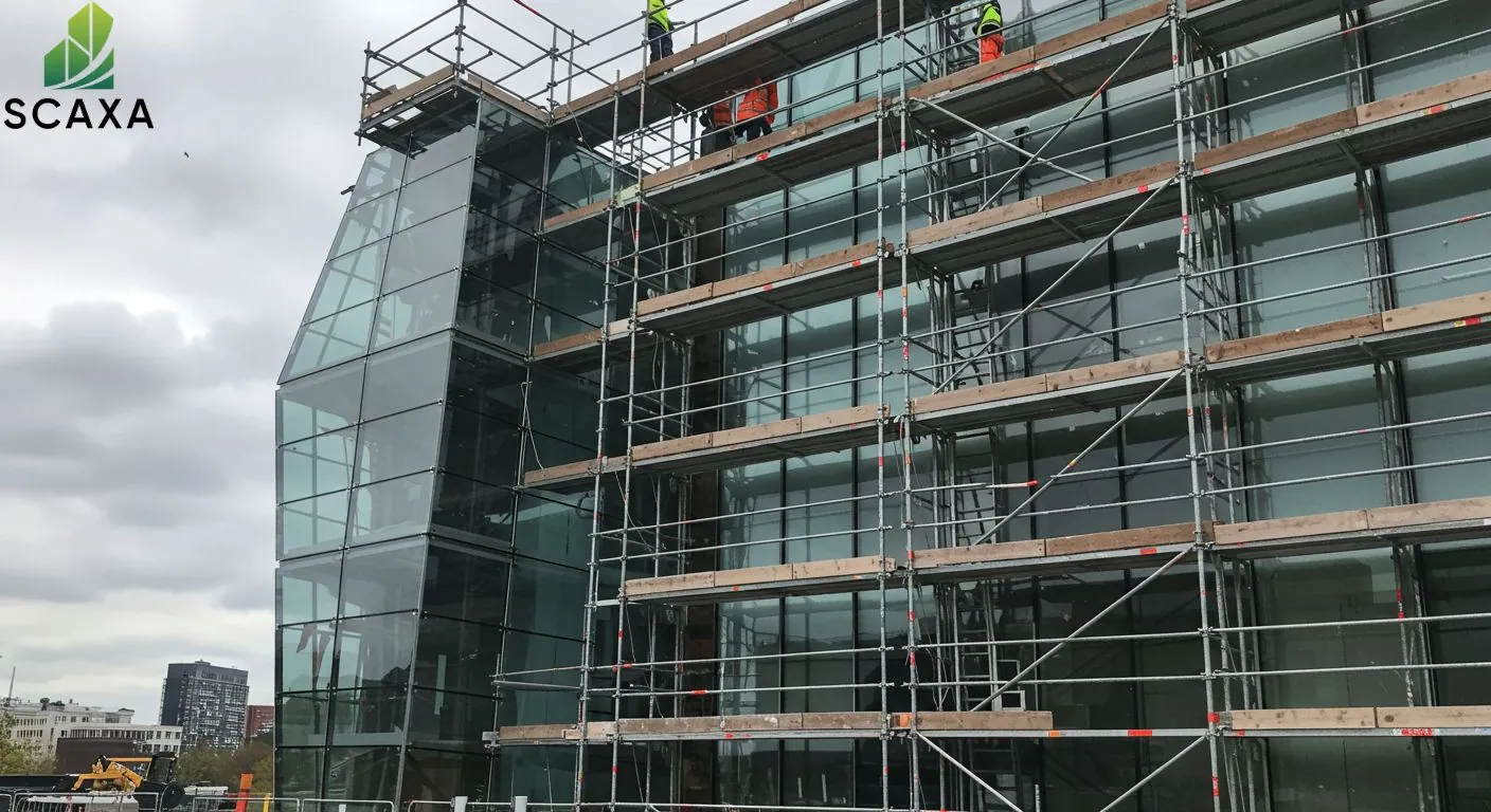 Scaffolding structure on a glass building under construction, featuring workers in safety gear, emphasizing Scaxa's scaffolding solutions for aluminium and glass contracting.