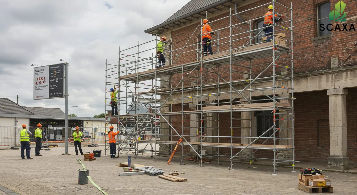 Construction workers on scaffolding installing signboards, featuring Scaxa branding, emphasizing scaffolding solutions for sign maintenance and installation.