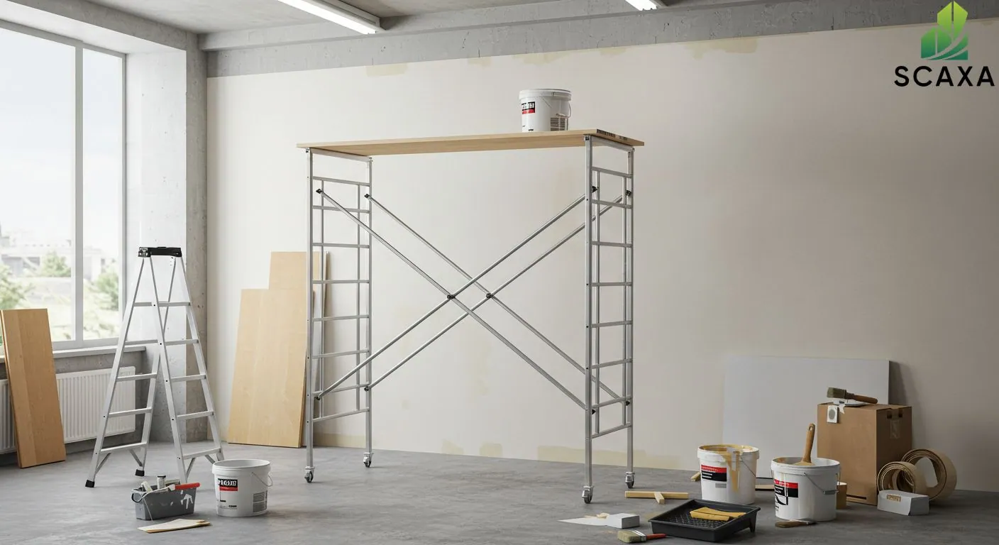 Scaffolding setup for painting project with paint buckets, tools, and a ladder in a well-lit interior space, featuring SCAXA branding.