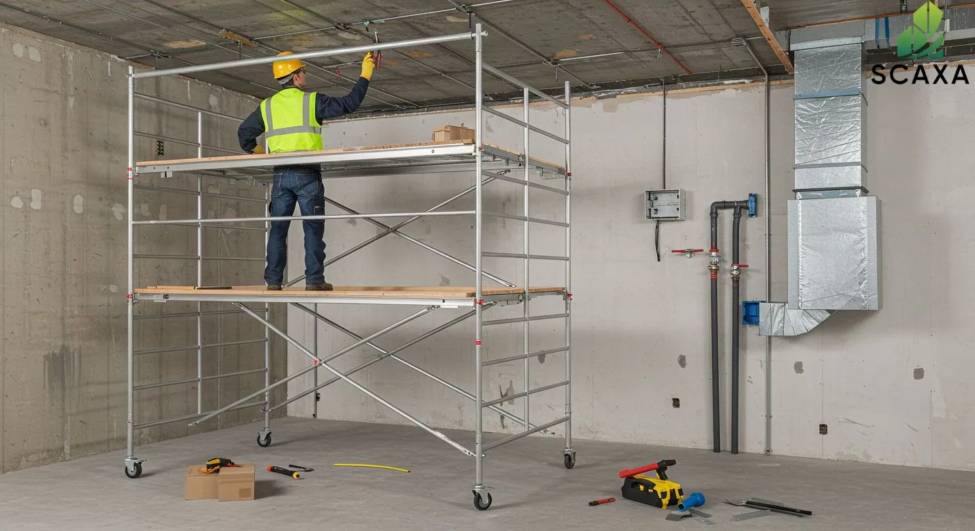 Worker on scaffolding in construction site, wearing safety gear, using tools for MEP installation, showcasing SCAXA scaffolding solutions for efficient access.
