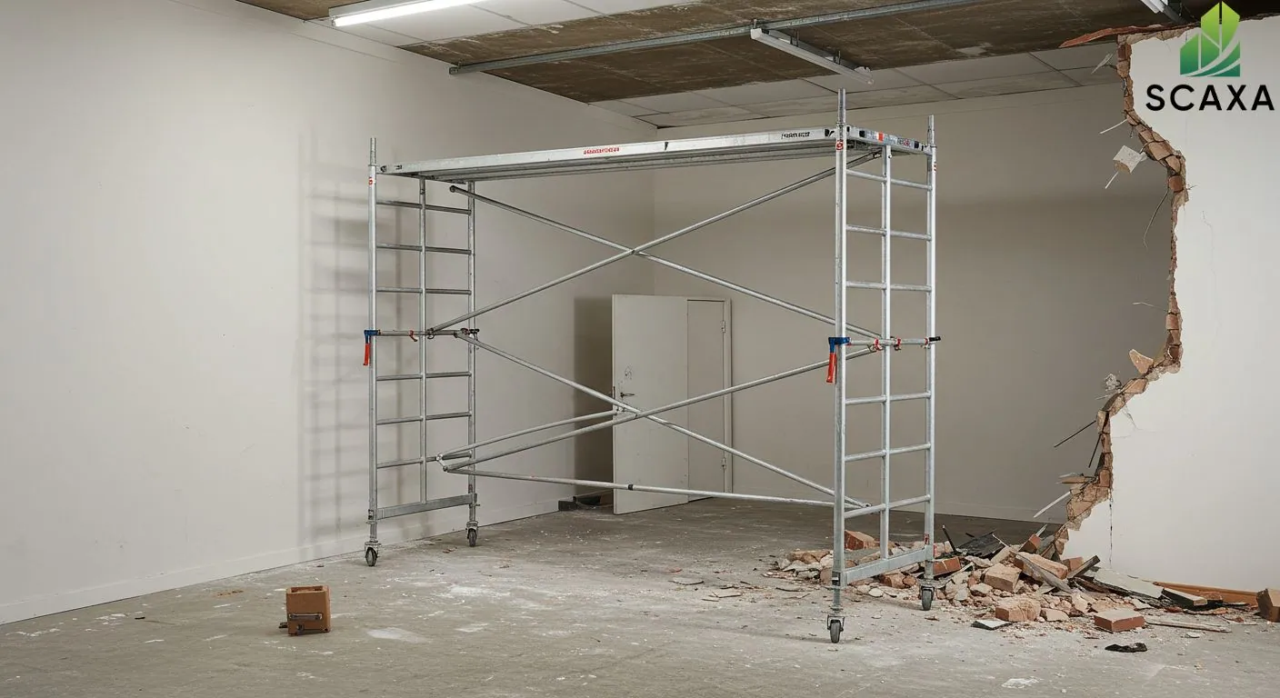 Trestle scaffolding setup in a demolition site, showcasing stability and mobility for low-height tasks, with debris on the floor and a broken wall in the background, representing Scaxa's scaffolding solutions.