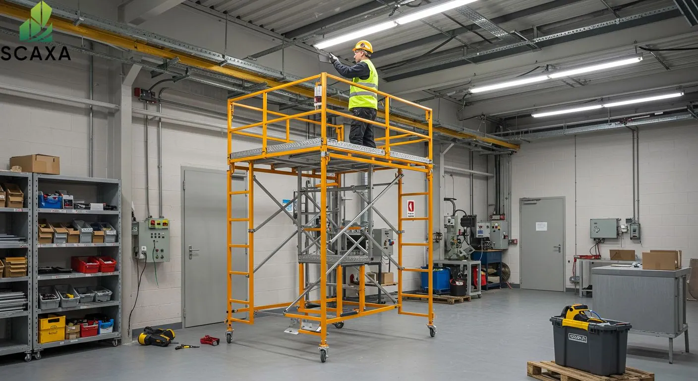 Worker in safety gear using a yellow trestle scaffolding in an industrial setting, showcasing Scaxa's scaffolding solutions for maintenance tasks.