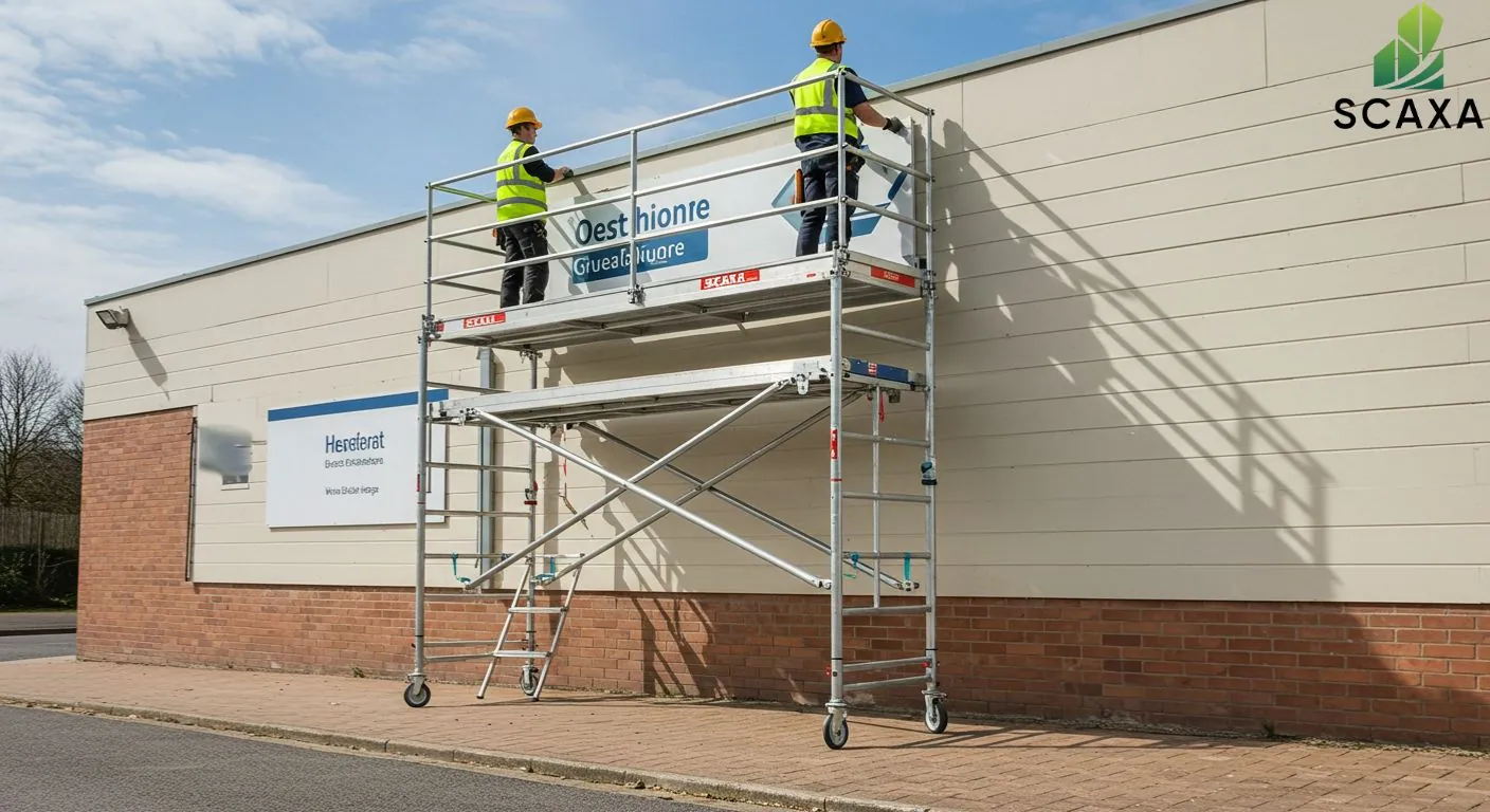 Two workers in safety gear using trestle scaffolding to install a sign on a building, featuring Scaxa branding for scaffolding services.