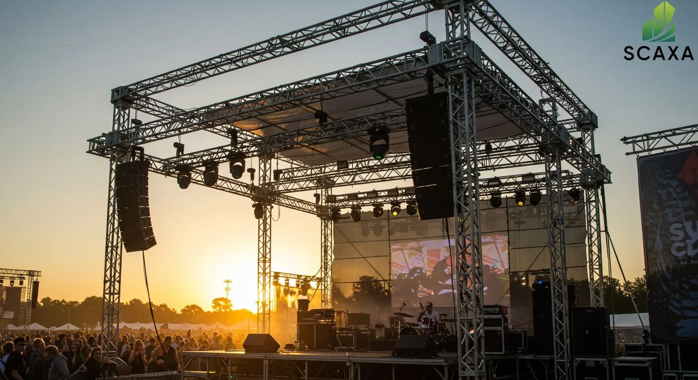 Scaffolding structure for outdoor event stage at sunset, featuring lighting rigs and sound equipment, showcasing Scaxa's event scaffolding solutions.