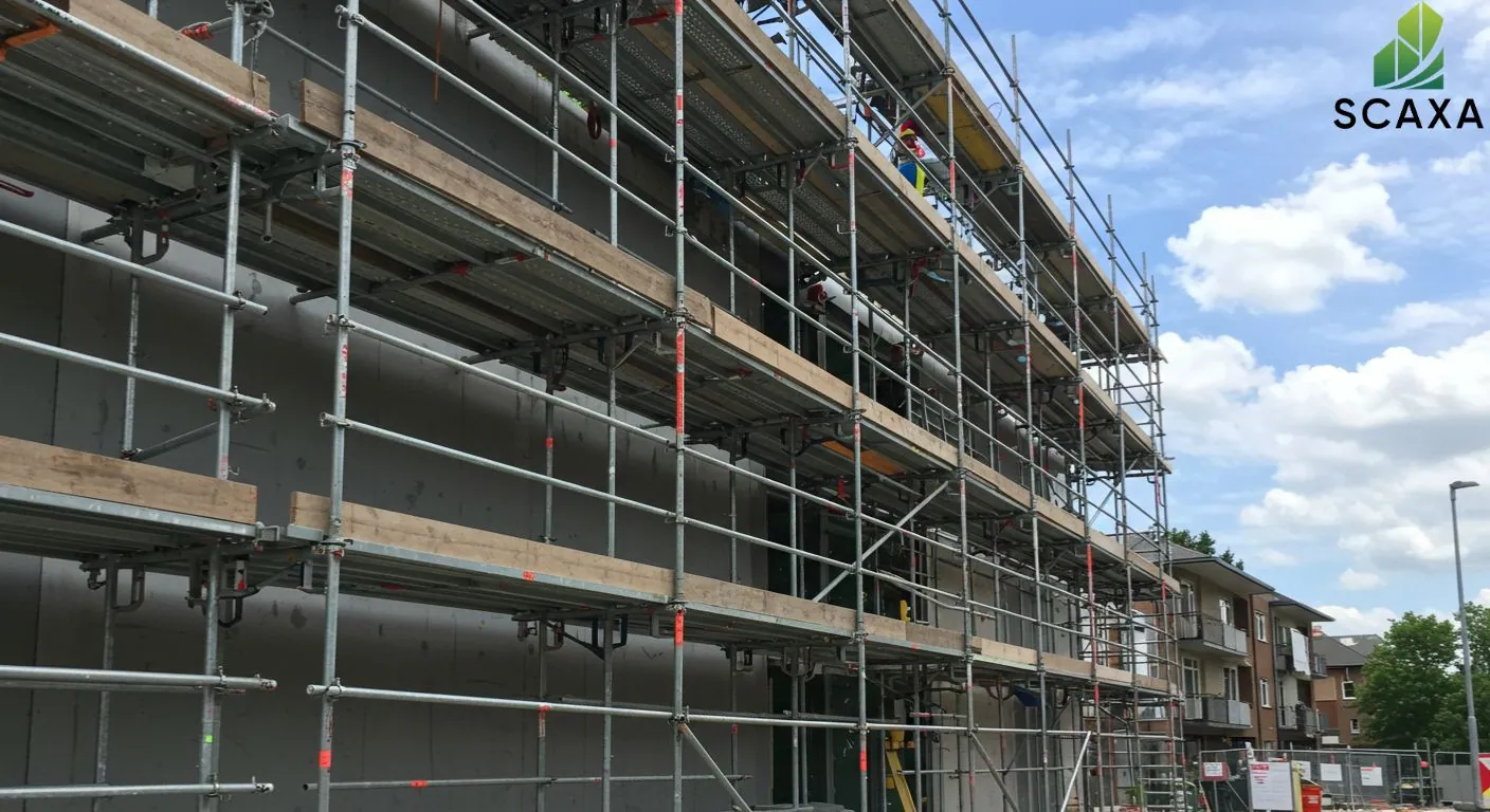 Scaffolding structure with wooden planks, showcasing Scaxa's scaffolding solutions for signboard installation and maintenance, against a backdrop of residential buildings and a blue sky.