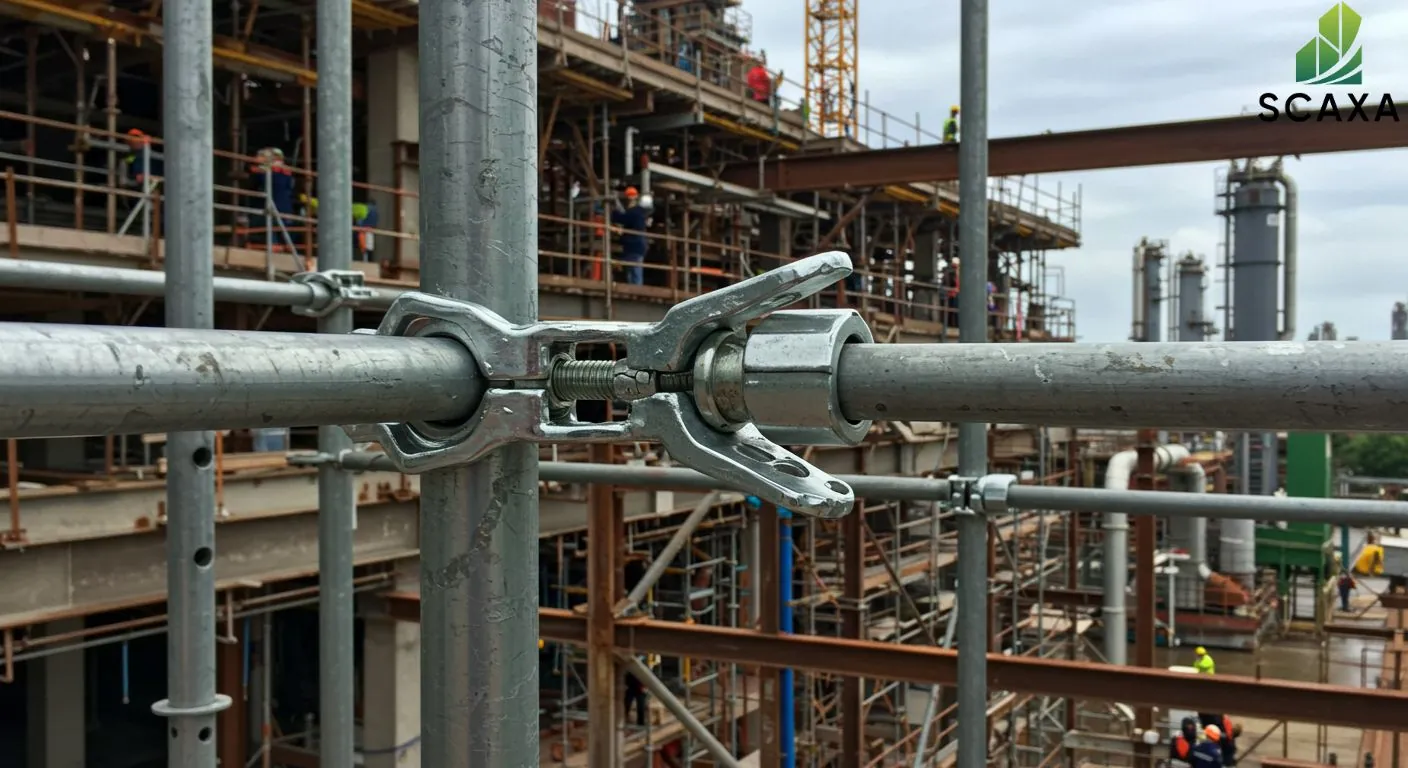 Scaffolding system featuring tube and coupler connections, with construction workers and a steel structure background, representing Scaxa's scaffolding solutions for steel structural projects.