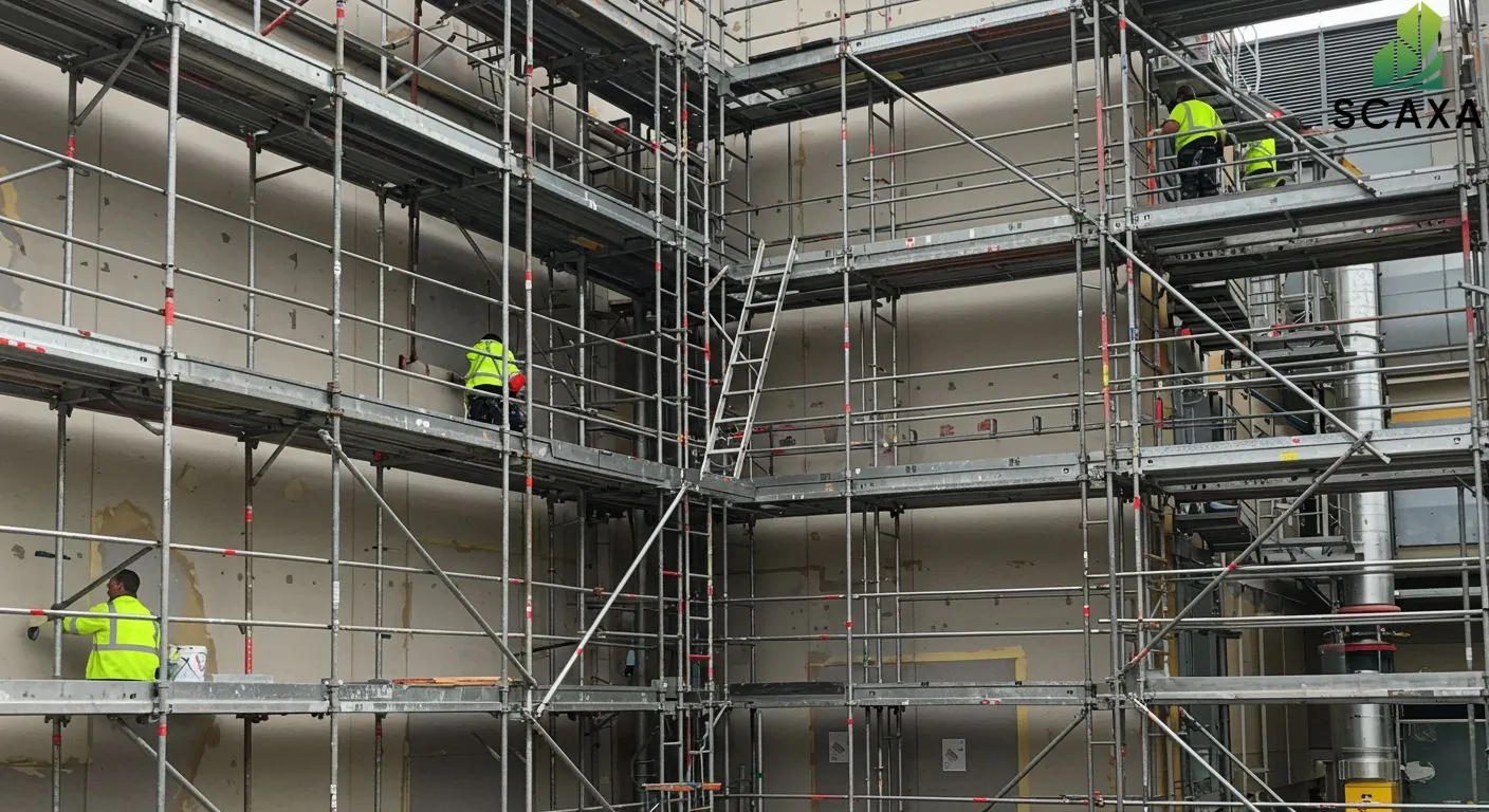 Workers on scaffolding system painting walls, showcasing Scaxa's scaffolding solutions for painting projects in the UAE.