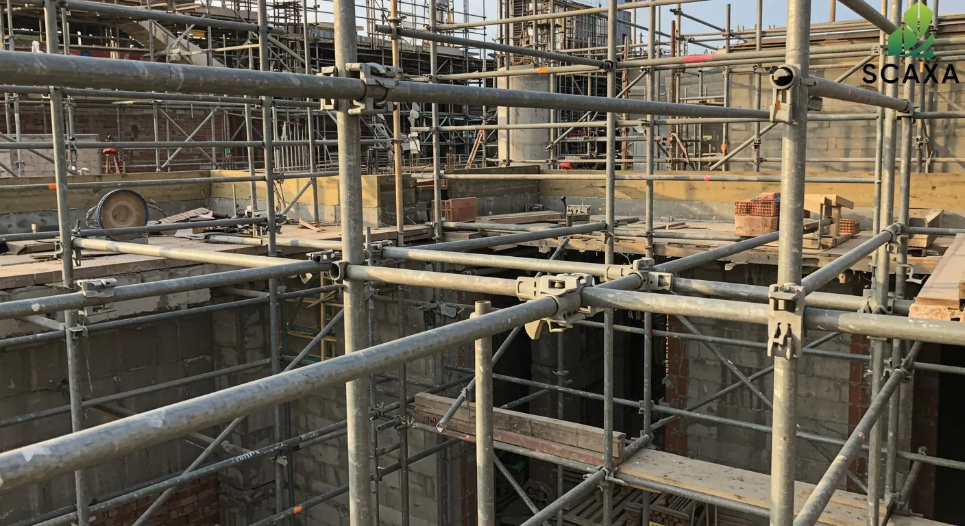Scaffolding structure in a construction site, showcasing Scaxa's high-quality scaffolding solutions for safe and efficient building access.