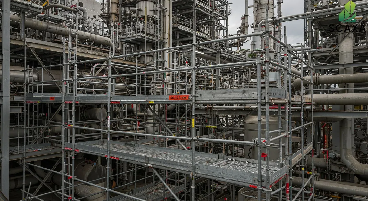 Tube and coupler scaffolding structure in an industrial facility, showcasing adaptability and secure access for maintenance and repairs amidst complex piping systems.