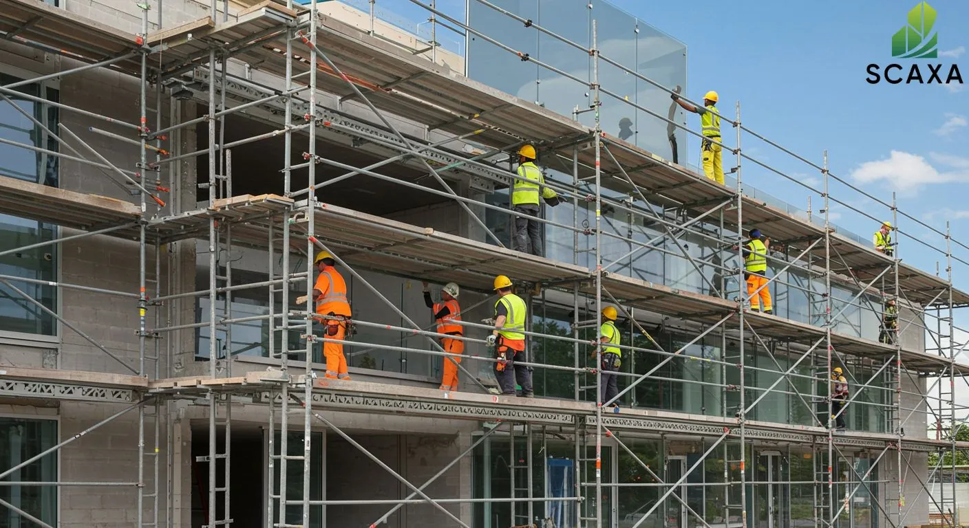 Construction workers on scaffolding installing glass panels on a building, showcasing Scaxa's scaffolding solutions for aluminium and glass contracting.