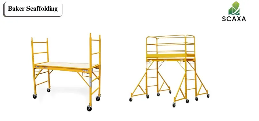 Baker scaffolding models showcasing portable yellow scaffolding systems for construction and maintenance applications, featuring SCAXA branding.
