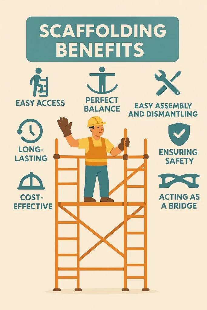 Scaffolding benefits infographic highlighting easy access, perfect balance, easy assembly, safety, cost-effectiveness, and long-lasting features, with a worker standing on a scaffold.
