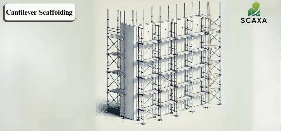 Cantilever scaffolding diagram showcasing structural design and support elements, labeled with "Cantilever Scaffolding" and SCAXA logo.