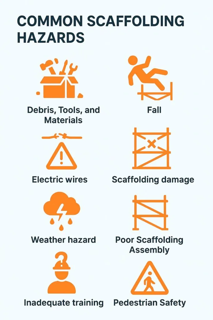 Common scaffolding hazards infographic highlighting risks such as debris, falls, electric wires, weather hazards, inadequate training, and pedestrian safety, relevant to SCAXA's scaffolding services and safety information.