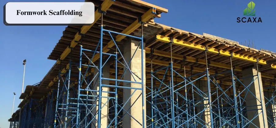 Formwork scaffolding structure with blue metal frames and wooden planks, showcasing SCAXA branding and emphasizing scaffolding solutions for construction projects.