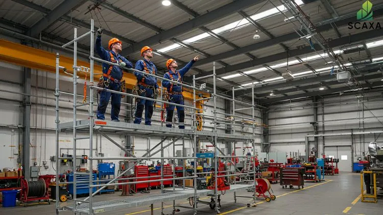 Three construction workers in safety gear on a scaffolding platform, pointing and discussing in a spacious industrial workshop with tools and equipment, representing SCAXA's scaffolding services.