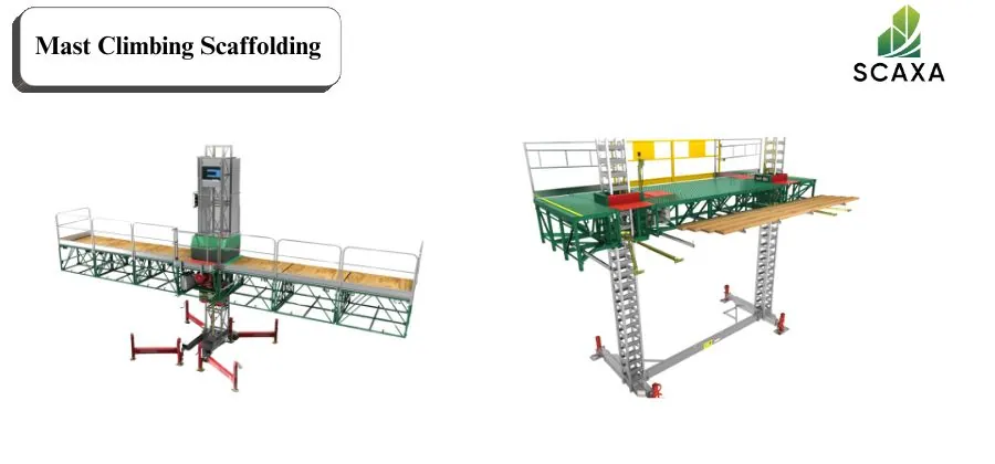 Mast climbing scaffolding system showcasing dual platforms with safety railings, designed for construction and maintenance projects, featuring SCAXA branding.