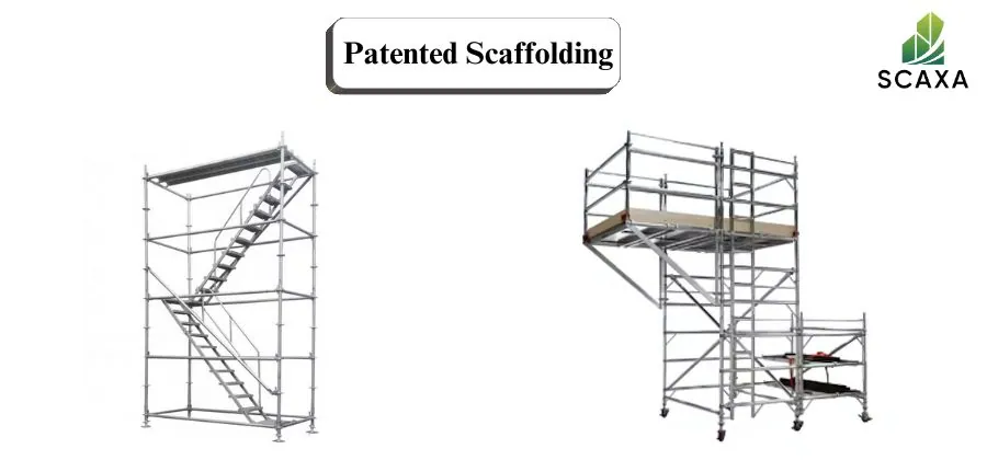 Patented scaffolding structures featuring a stairway and a work platform, showcasing SCAXA branding and innovative design for construction and maintenance projects.