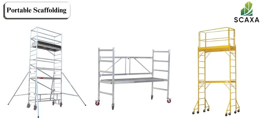 Portable scaffolding types displayed, featuring aluminum and yellow mobile scaffolds, SCAXA branding visible.