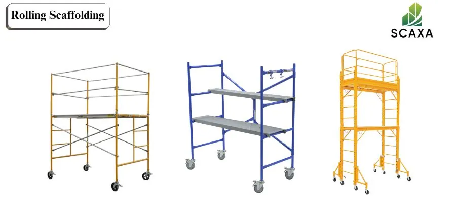 Rolling scaffolding types with yellow and blue frames, featuring various shelf configurations, highlighting SCAXA's scaffolding services.