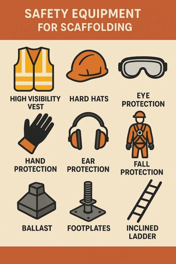 Safety equipment for scaffolding including high visibility vest, hard hats, eye protection, hand protection, ear protection, fall protection, ballast, footplates, and inclined ladder.