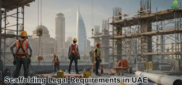 Construction workers in safety gear on scaffolding with skyline background, emphasizing scaffolding legal requirements in UAE.