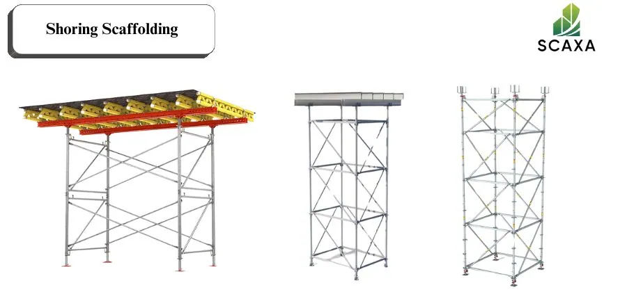 Shoring scaffolding systems featuring various designs, including a sturdy framework with a platform, showcasing SCAXA branding.