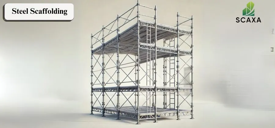 Steel scaffolding structure showcasing SCAXA's scaffolding solutions for construction and maintenance projects.