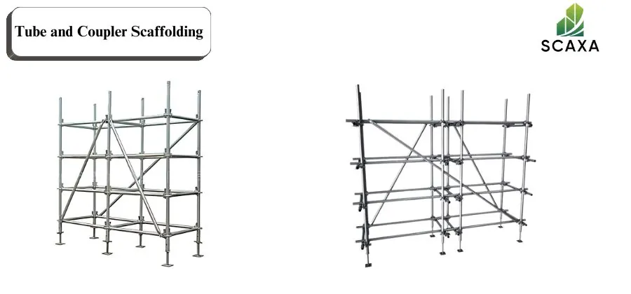 Tube and coupler scaffolding structures showcasing SCAXA branding, highlighting versatile scaffolding solutions for construction and maintenance projects.