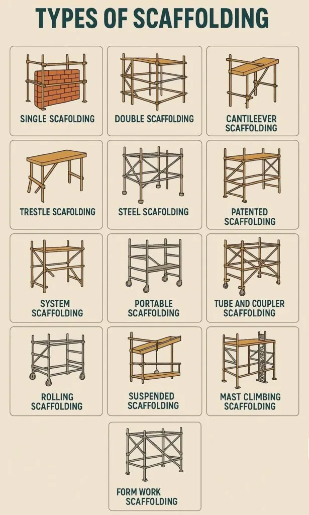 Types of scaffolding including single, double, cantilever, trestle, steel, patented, system, portable, tube and coupler, rolling, suspended, mast climbing, and form work scaffolding, illustrating SCAXA's scaffolding services and applications.