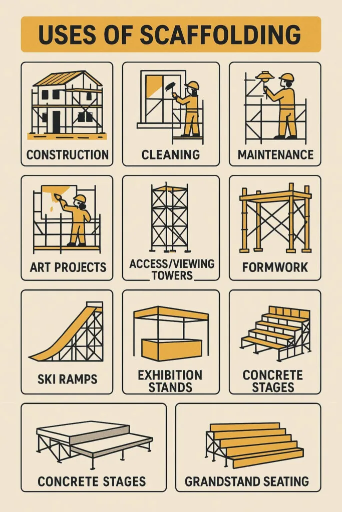 Uses of scaffolding infographic showcasing various applications: construction, cleaning, maintenance, art projects, access/viewing towers, formwork, ski ramps, exhibition stands, concrete stages, and grandstand seating.