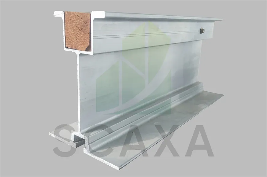 Aluminium Beam T-150 showcasing twin-web design, highlighting strength and stiffness, with SCAXA branding, used for scaffolding and construction applications.