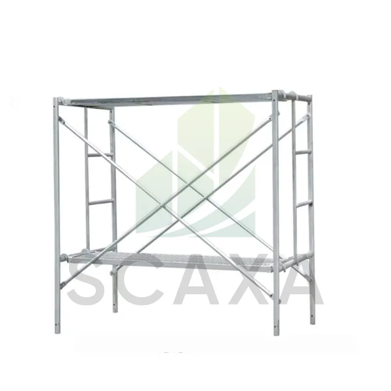 Aluminium scaffolding frame with cross-bracing, highlighting lightweight and durable construction for scaffolding solutions by SCAXA.