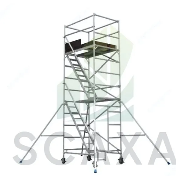 Aluminium mobile tower scaffolding structure with stairs and platform, designed for temporary access in construction and maintenance tasks.