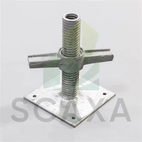 Base jack adaptor for scaffolding systems, featuring a threaded vertical rod and a square base plate, designed for stability and load-bearing capacity in construction projects.