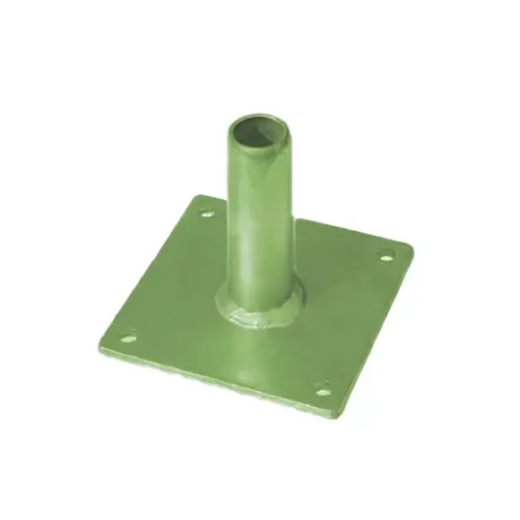 Deck adaptor for cuplock scaffolding systems, featuring a square base plate and vertical connector, designed for secure decking attachment.