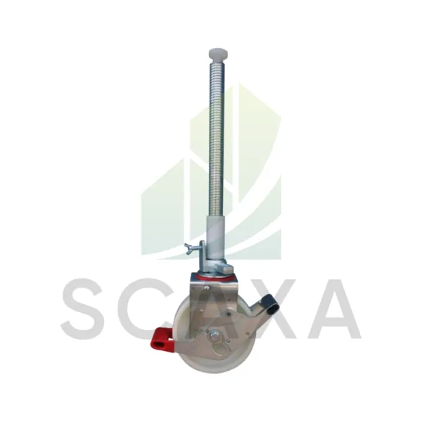Scaffolding castor wheel with a swiveling mechanism, featuring a metal stem and locking mechanism, designed for easy mobility of aluminum scaffolding structures.