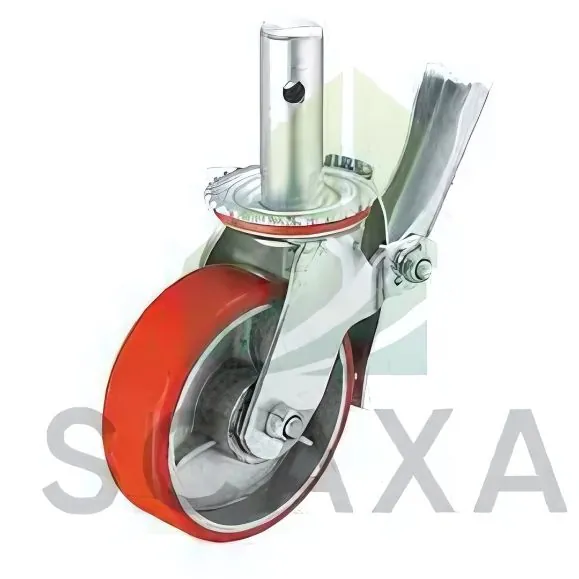 Scaffolding castor wheel with a swiveling mechanism, featuring a red rubber wheel and metal attachment for easy mobility of aluminum scaffolding structures.