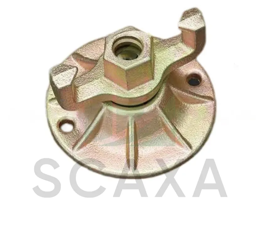 Combination Plate Round formwork accessory for scaffolding, featuring a central tie rod connection and articulated wing nut, designed for concrete stability and strength.