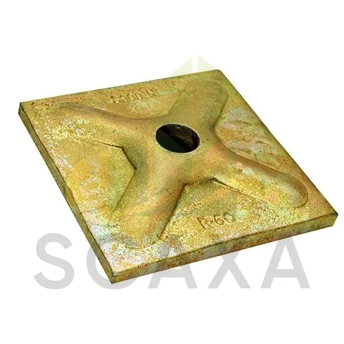 Counter plate for scaffolding systems, featuring a square shape with a central hole and cross design, branded with SCAXA logo, emphasizing durability and stability for construction projects.
