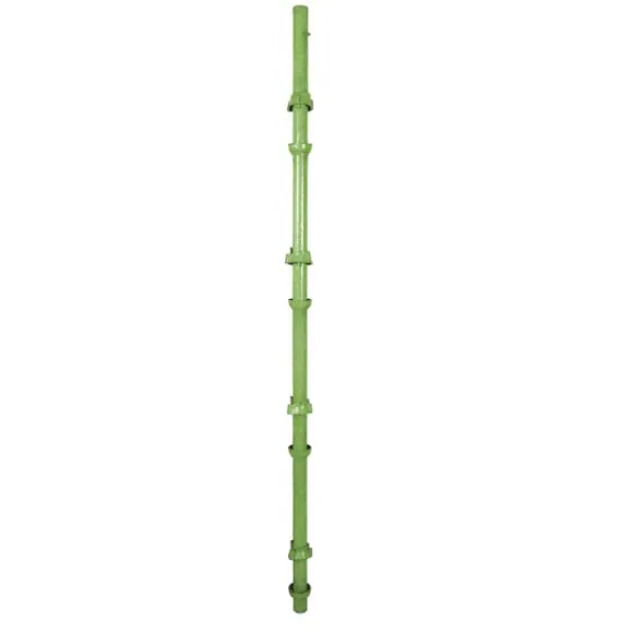 Green cuplock standard scaffolding pole with multiple connection points, designed for strength and safety in construction projects.