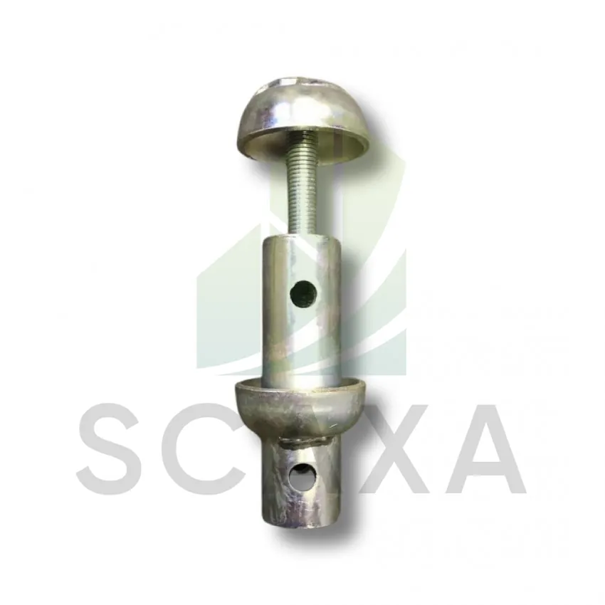 Deck adaptor for scaffolding, featuring a low-profile upper cup and threaded connection for secure attachment, categorized under events scaffolding systems.