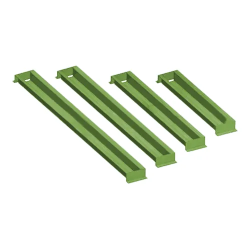 Decking beams in green color, varying lengths, used in scaffolding systems for supporting plywood decking platforms.