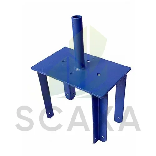 Fork Head Painted metal accessory in blue, featuring a flat base with a vertical pipe and four supporting legs, used for securing beams in scaffolding systems.