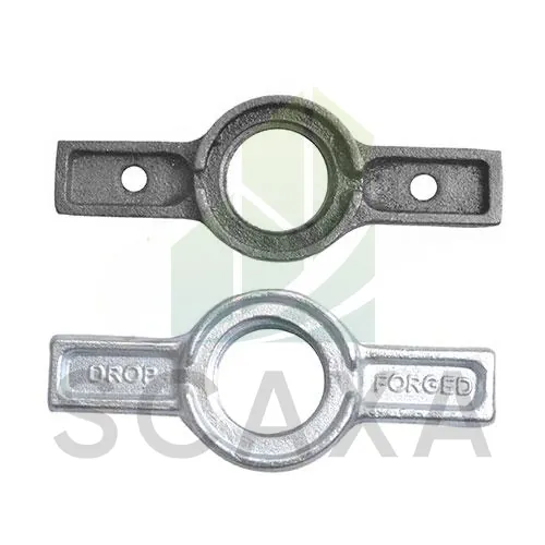 Forged swivel coupler and forged double coupler for scaffolding, showcasing durability and strength, with SCAXA branding in the background.