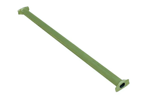 Drop head component for scaffolding, featuring a long green steel rod with top and bottom base plates, designed for strength and safety in construction applications.