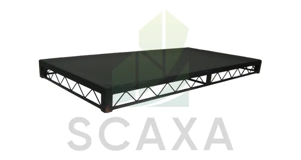 Steel deck platform with truss support, branded SCAXA, designed for event scaffolding solutions emphasizing safety and flexibility.